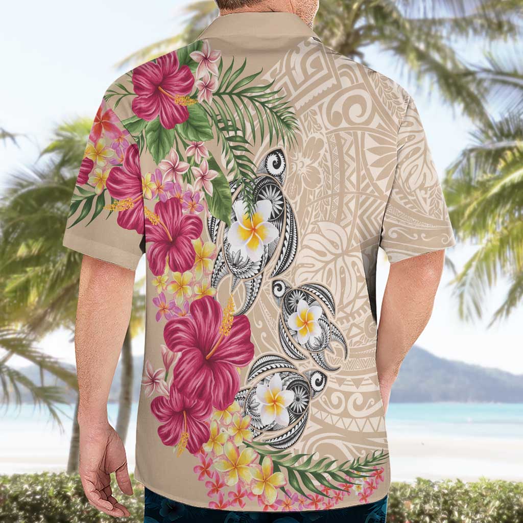 Hawaiian Tropical Flowers and Tribal Turtles Hawaiian Shirt Polynesian Art Motifs Beige Color LT03 - Polynesian Pride
