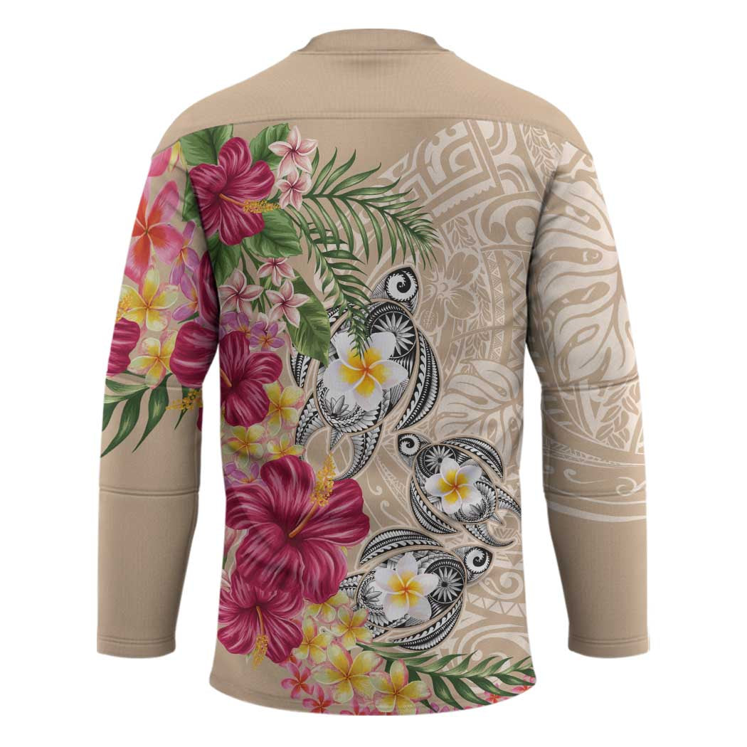 Hawaiian Tropical Flowers and Tribal Turtles Hockey Jersey Polynesian Art Motifs Beige Color LT03 - Polynesian Pride