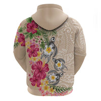 Hawaiian Tropical Flowers and Tribal Turtles Hoodie Polynesian Art Motifs Beige Color LT03 - Polynesian Pride