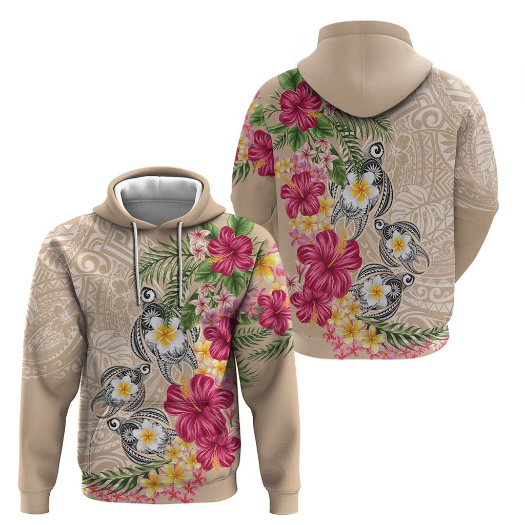 Hawaiian Tropical Flowers and Tribal Turtles Hoodie Polynesian Art Motifs Beige Color LT03 - Polynesian Pride