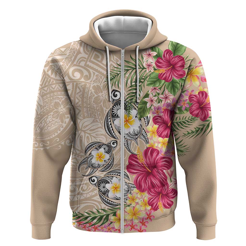 Hawaiian Tropical Flowers and Tribal Turtles Hoodie Polynesian Art Motifs Beige Color LT03 Zip Hoodie Beige - Polynesian Pride