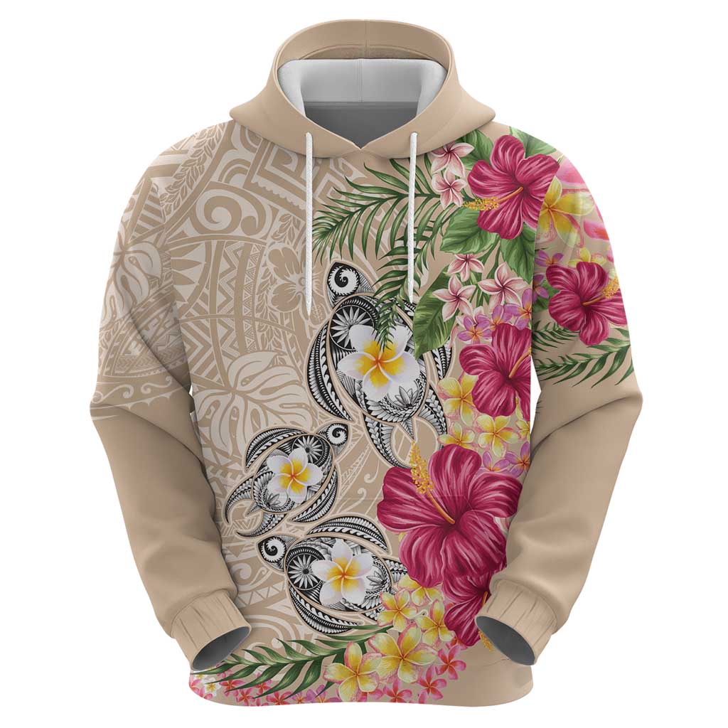 Hawaiian Tropical Flowers and Tribal Turtles Hoodie Polynesian Art Motifs Beige Color LT03 - Polynesian Pride