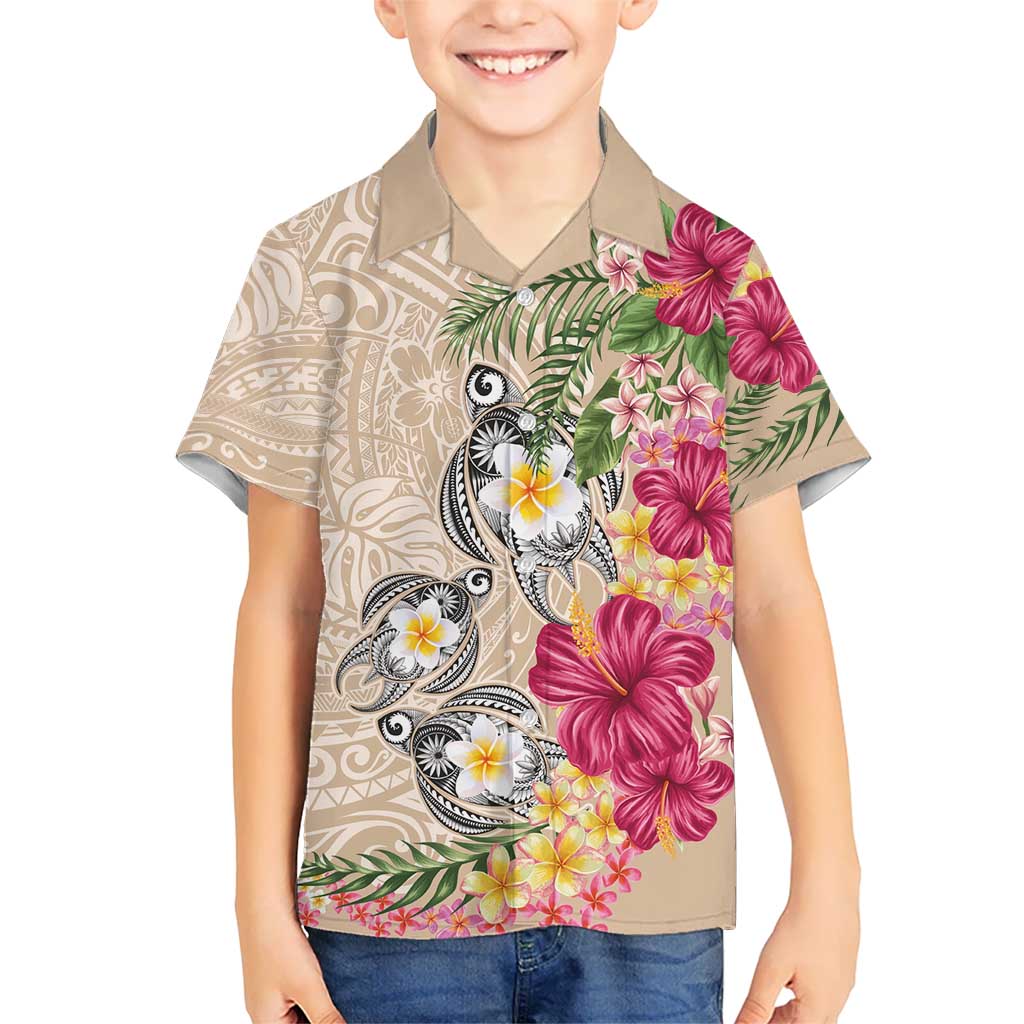 Hawaiian Tropical Flowers and Tribal Turtles Kid Hawaiian Shirt Polynesian Art Motifs Beige Color - Polynesian Pride