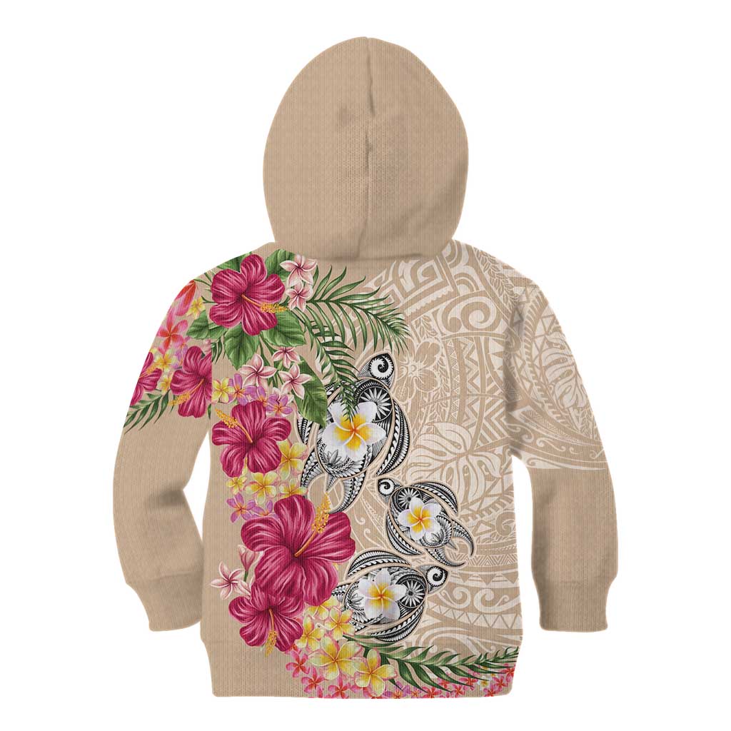 Hawaiian Tropical Flowers and Tribal Turtles Kid Hoodie Polynesian Art Motifs Beige Color LT03 - Polynesian Pride