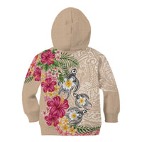 Hawaiian Tropical Flowers and Tribal Turtles Kid Hoodie Polynesian Art Motifs Beige Color LT03 - Polynesian Pride
