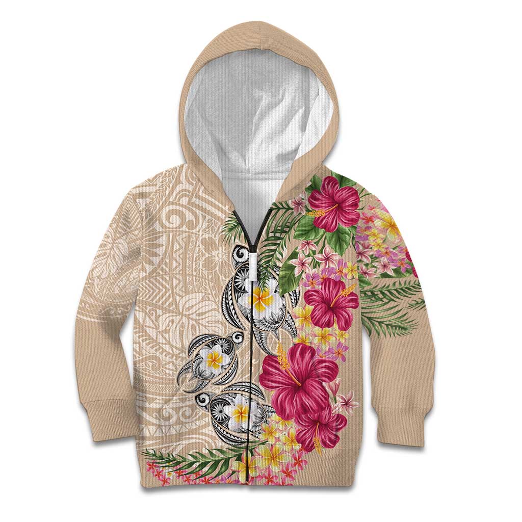 Hawaiian Tropical Flowers and Tribal Turtles Kid Hoodie Polynesian Art Motifs Beige Color LT03 Zip Hoodie Beige - Polynesian Pride