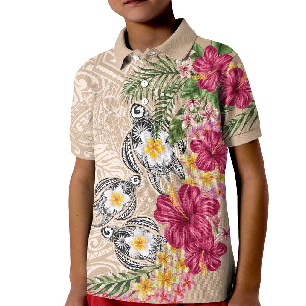 Hawaiian Tropical Flowers and Tribal Turtles Kid Polo Shirt Polynesian Art Motifs Beige Color LT03 Kid Beige - Polynesian Pride