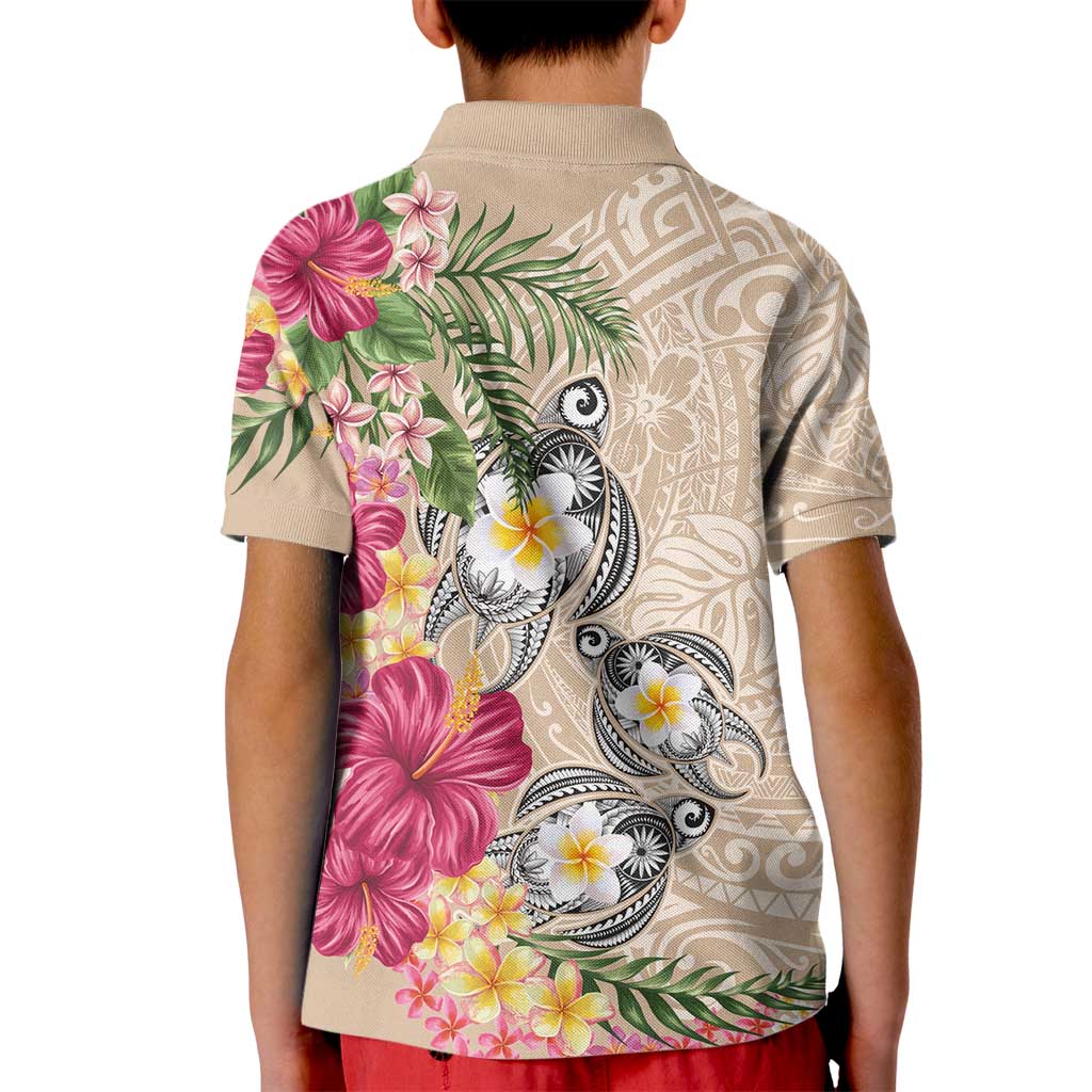 Hawaiian Tropical Flowers and Tribal Turtles Kid Polo Shirt Polynesian Art Motifs Beige Color LT03 - Polynesian Pride