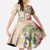 Hawaiian Tropical Flowers and Tribal Turtles Kid Short Sleeve Dress Polynesian Art Motifs Beige Color LT03 KID Beige - Polynesian Pride