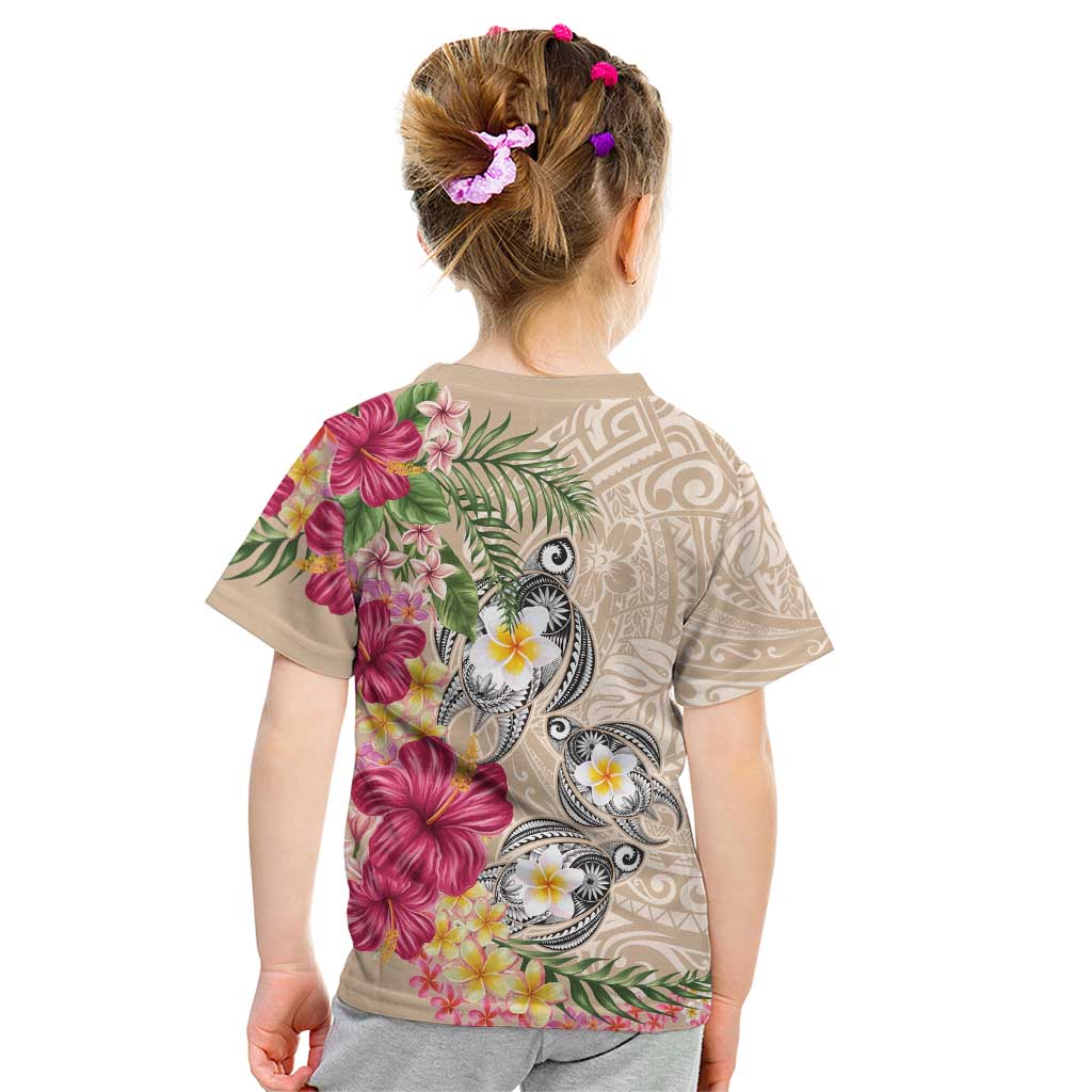 Hawaiian Tropical Flowers and Tribal Turtles Kid T Shirt Polynesian Art Motifs Beige Color LT03 - Polynesian Pride