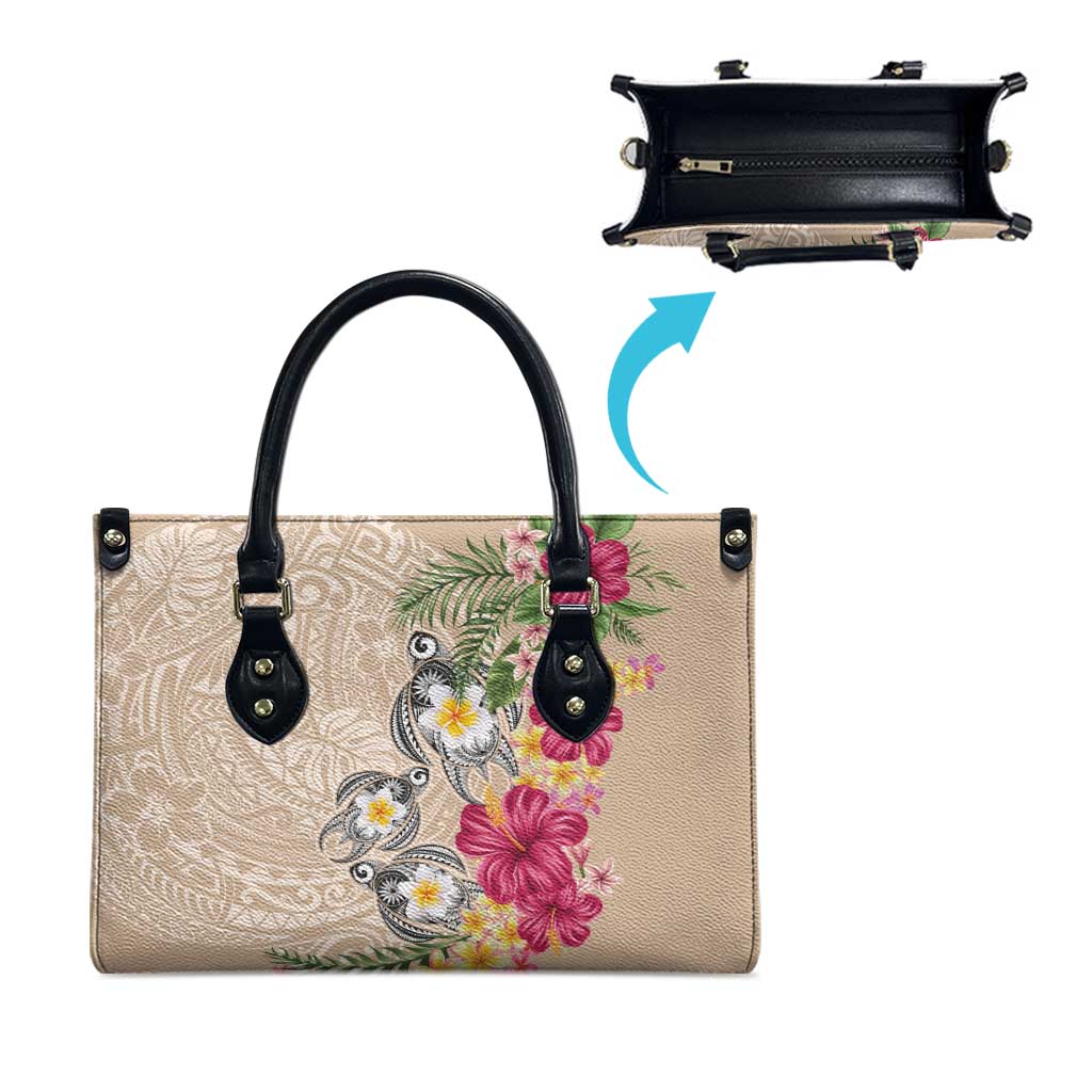 Hawaiian Tropical Flowers and Tribal Turtles Leather Bag Polynesian Art Motifs Beige Color - Polynesian Pride