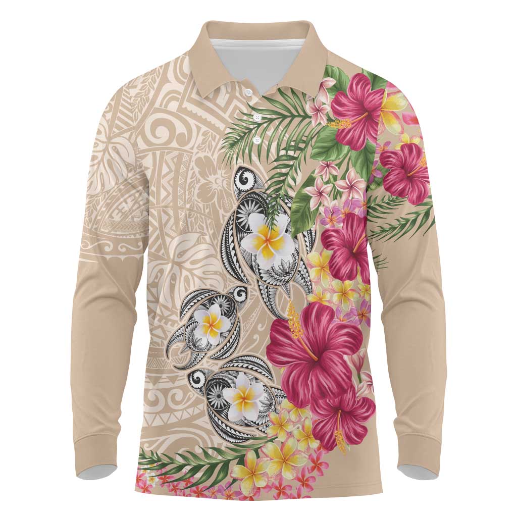 Hawaiian Tropical Flowers and Tribal Turtles Long Sleeve Polo Shirt Polynesian Art Motifs Beige Color LT03 Beige - Polynesian Pride