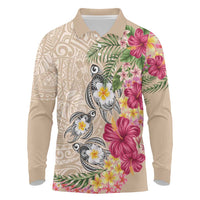 Hawaiian Tropical Flowers and Tribal Turtles Long Sleeve Polo Shirt Polynesian Art Motifs Beige Color LT03 Beige - Polynesian Pride