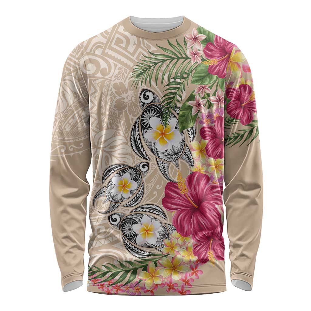 Hawaiian Tropical Flowers and Tribal Turtles Long Sleeve Shirt Polynesian Art Motifs Beige Color LT03 Unisex Beige - Polynesian Pride