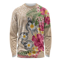 Hawaiian Tropical Flowers and Tribal Turtles Long Sleeve Shirt Polynesian Art Motifs Beige Color LT03 Unisex Beige - Polynesian Pride