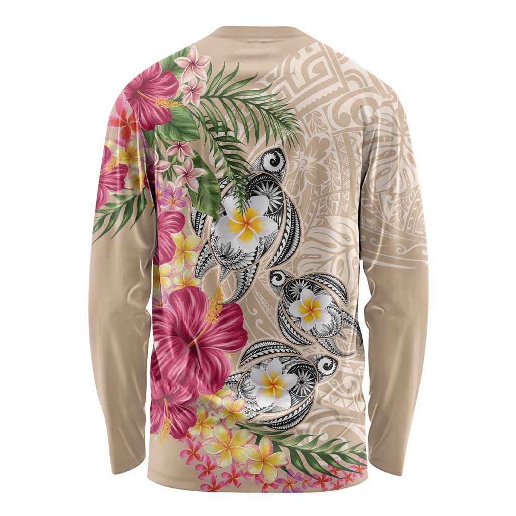 Hawaiian Tropical Flowers and Tribal Turtles Long Sleeve Shirt Polynesian Art Motifs Beige Color LT03 - Polynesian Pride