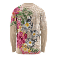 Hawaiian Tropical Flowers and Tribal Turtles Long Sleeve Shirt Polynesian Art Motifs Beige Color LT03 - Polynesian Pride