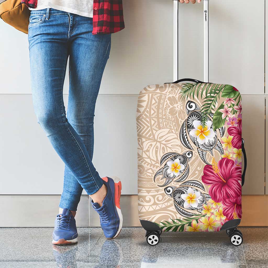 Hawaiian Tropical Flowers and Tribal Turtles Luggage Cover Polynesian Art Motifs Beige Color LT03 - Polynesian Pride