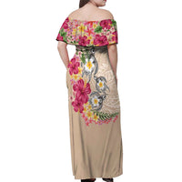 Hawaiian Tropical Flowers and Tribal Turtles Off Shoulder Maxi Dress Polynesian Art Motifs Beige Color LT03 - Polynesian Pride