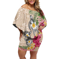 Hawaiian Tropical Flowers and Tribal Turtles Off Shoulder Short Dress Polynesian Art Motifs Beige Color LT03 Women Beige - Polynesian Pride
