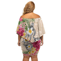Hawaiian Tropical Flowers and Tribal Turtles Off Shoulder Short Dress Polynesian Art Motifs Beige Color LT03 - Polynesian Pride