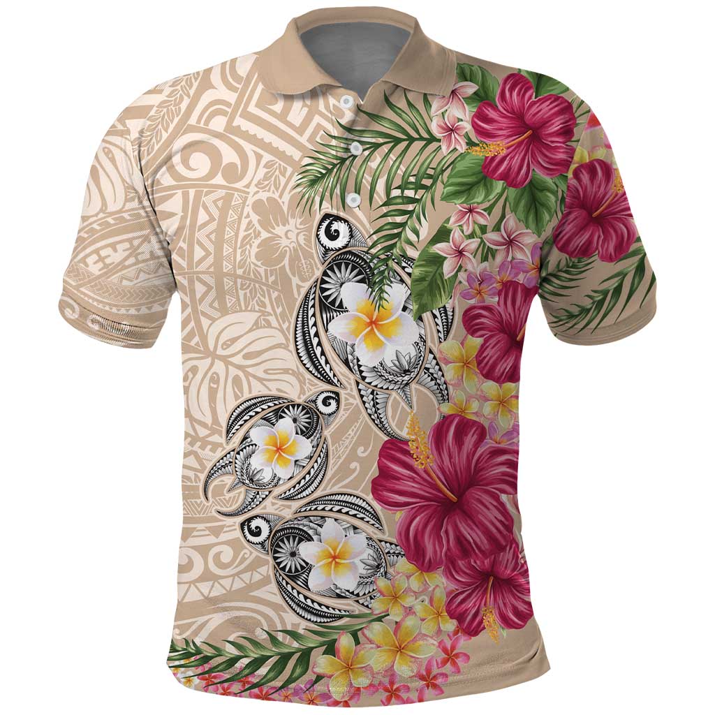 Hawaiian Tropical Flowers and Tribal Turtles Polo Shirt Polynesian Art Motifs Beige Color LT03 Beige - Polynesian Pride