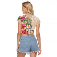 Hawaiian Tropical Flowers and Tribal Turtles Raglan Cropped T Shirt Polynesian Art Motifs Beige Color LT03 - Polynesian Pride
