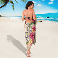 Hawaiian Tropical Flowers and Tribal Turtles Sarong Polynesian Art Motifs Beige Color - Polynesian Pride