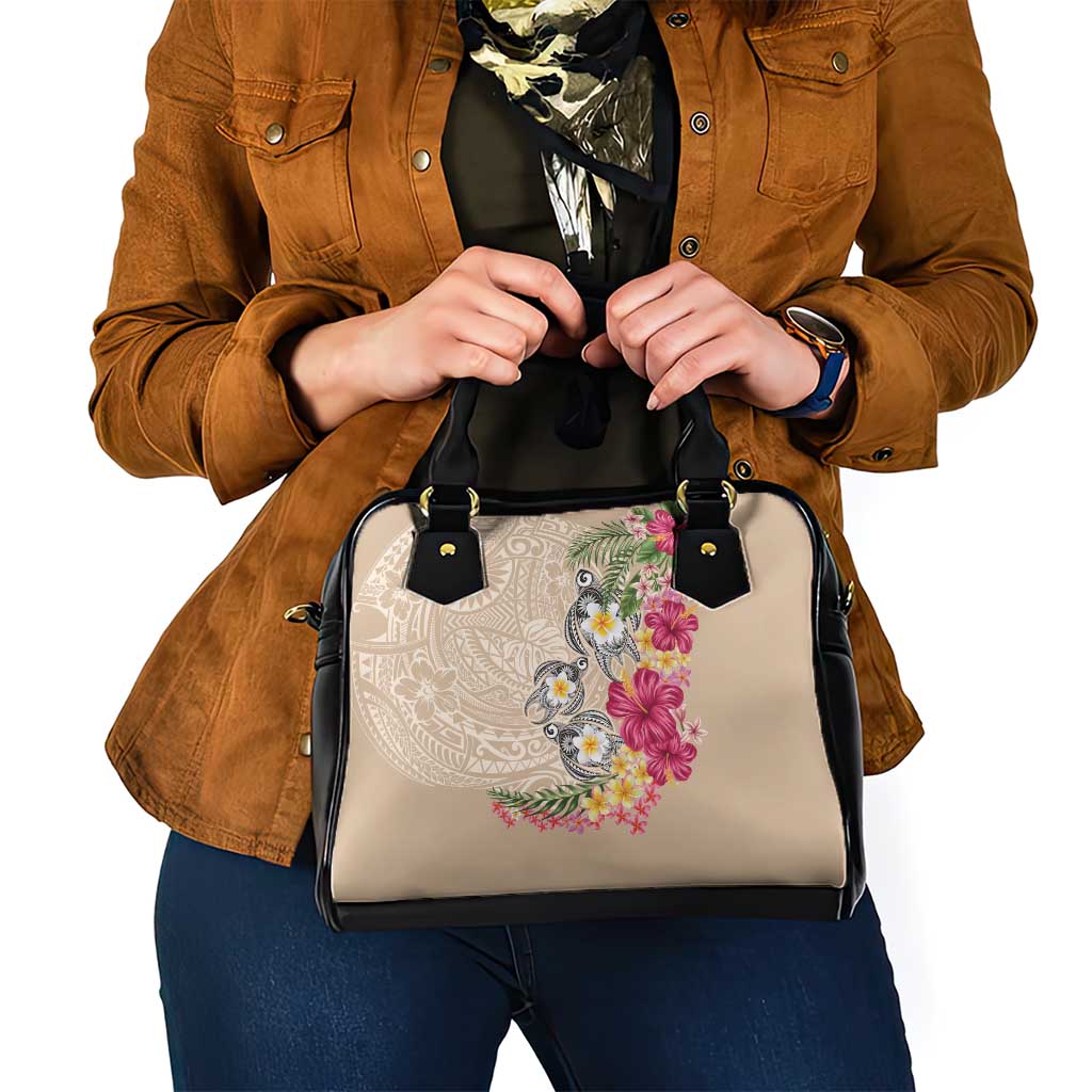 Hawaiian Tropical Flowers and Tribal Turtles Shoulder Handbag Polynesian Art Motifs Beige Color - Polynesian Pride