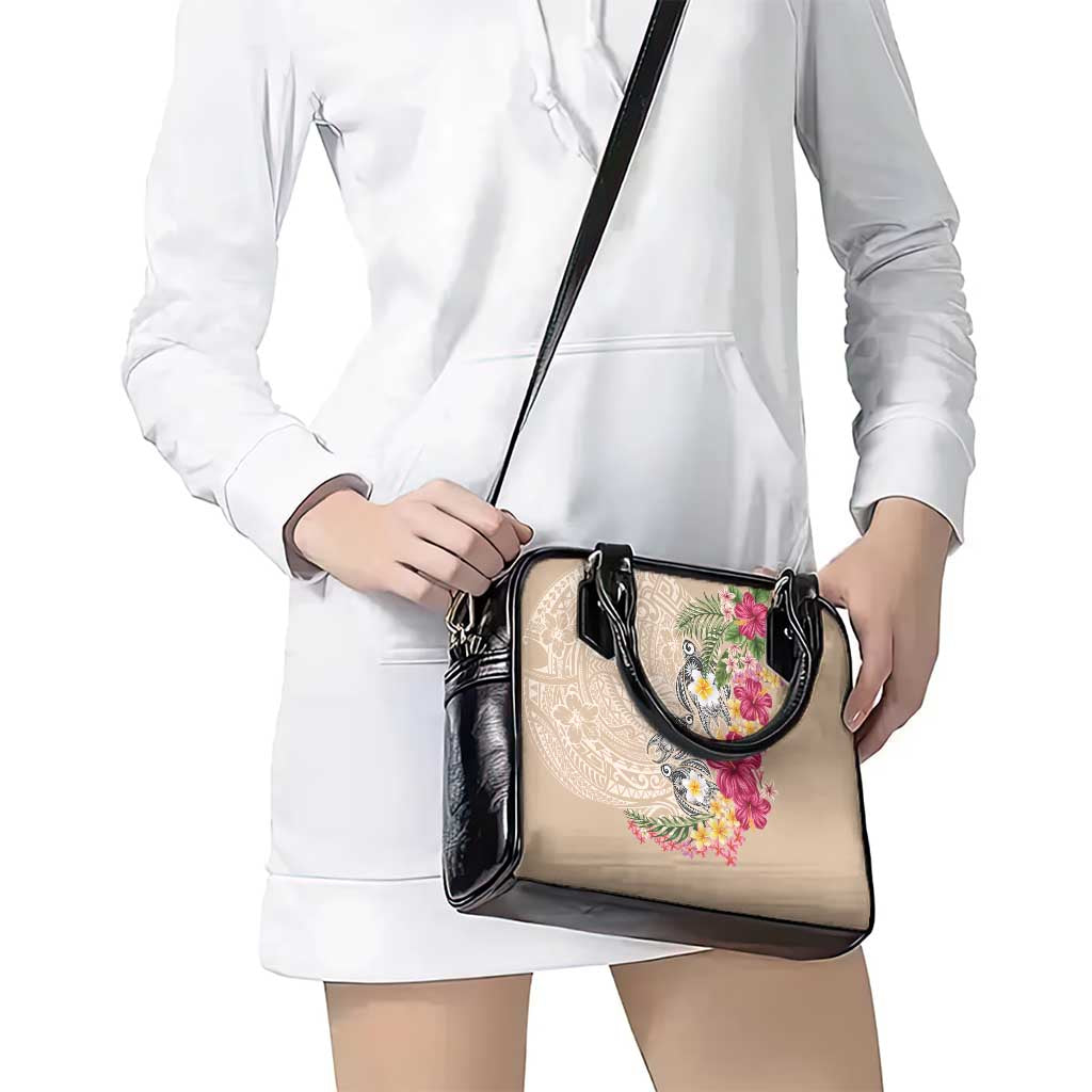 Hawaiian Tropical Flowers and Tribal Turtles Shoulder Handbag Polynesian Art Motifs Beige Color - Polynesian Pride