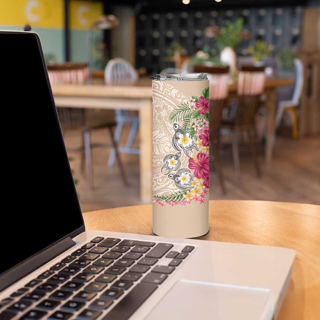 Hawaiian Tropical Flowers and Tribal Turtles Skinny Tumbler Polynesian Art Motifs Beige Color LT03 - Polynesian Pride