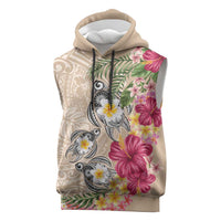 Hawaiian Tropical Flowers and Tribal Turtles Sleeveless Hoodie Polynesian Art Motifs Beige Color LT03 Beige - Polynesian Pride