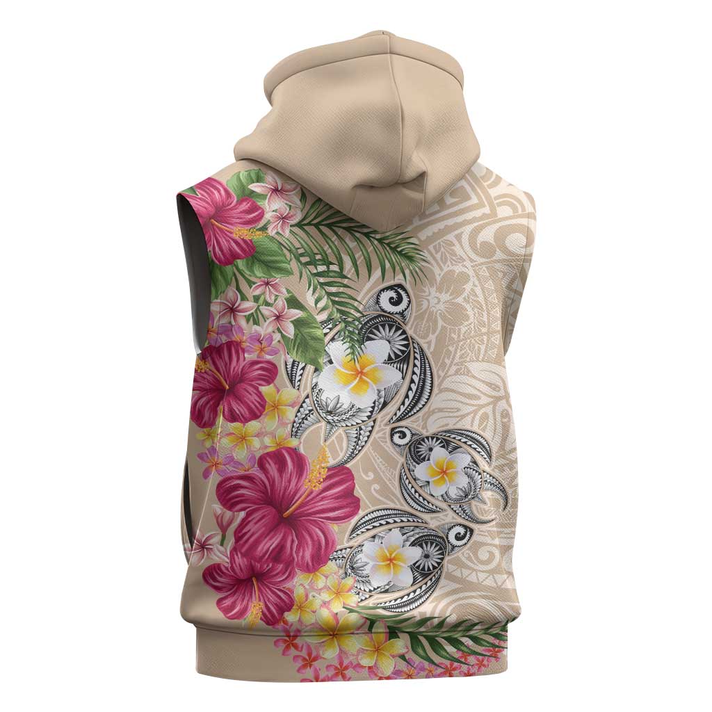 Hawaiian Tropical Flowers and Tribal Turtles Sleeveless Hoodie Polynesian Art Motifs Beige Color LT03 - Polynesian Pride