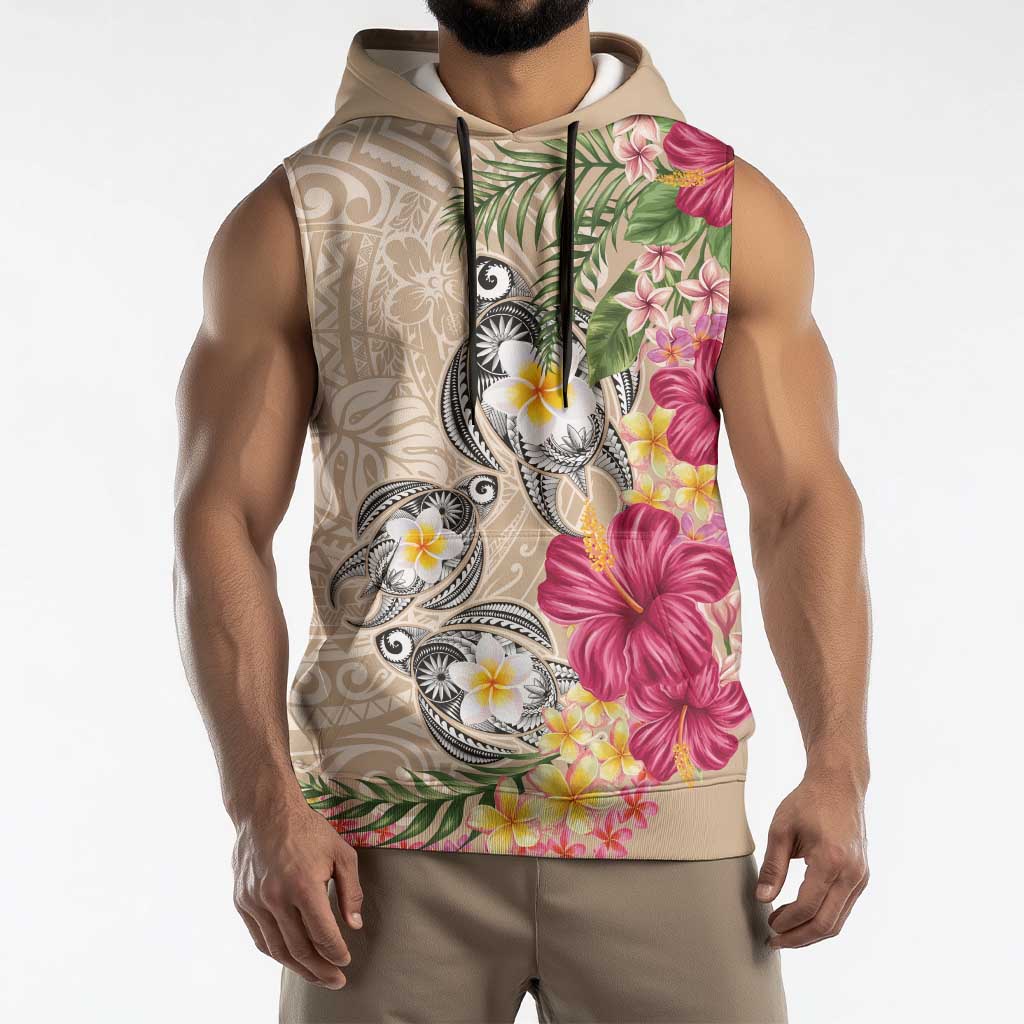 Hawaiian Tropical Flowers and Tribal Turtles Sleeveless Hoodie Polynesian Art Motifs Beige Color LT03 - Polynesian Pride