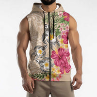 Hawaiian Tropical Flowers and Tribal Turtles Sleeveless Zip Hoodie Polynesian Art Motifs Beige Color LT03 - Polynesian Pride
