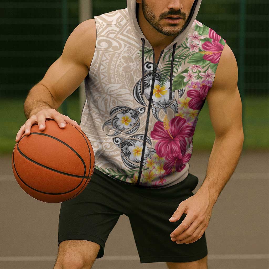 Hawaiian Tropical Flowers and Tribal Turtles Sleeveless Zip Hoodie Polynesian Art Motifs Beige Color LT03 - Polynesian Pride