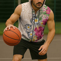 Hawaiian Tropical Flowers and Tribal Turtles Sleeveless Zip Hoodie Polynesian Art Motifs Beige Color LT03 - Polynesian Pride