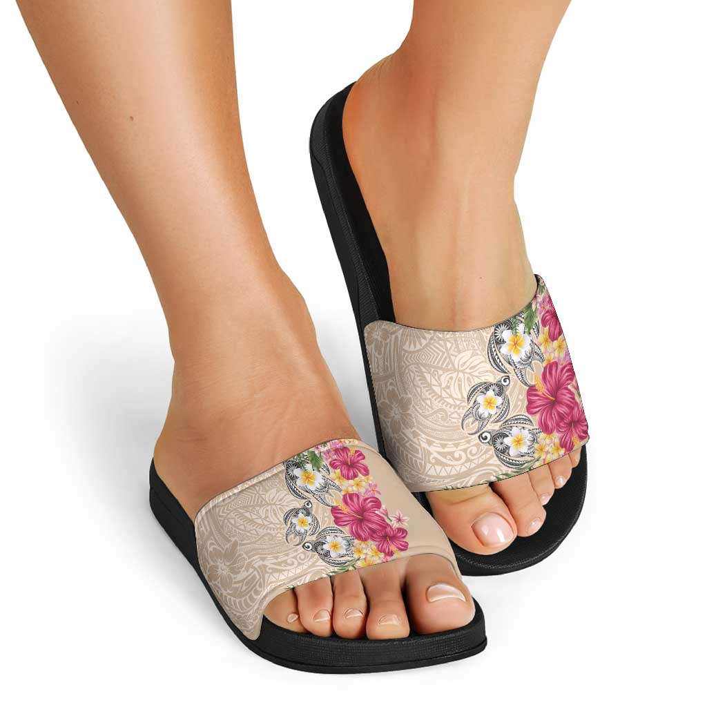 Hawaiian Tropical Flowers and Tribal Turtles Slide Sandals Polynesian Art Motifs Beige Color - Polynesian Pride
