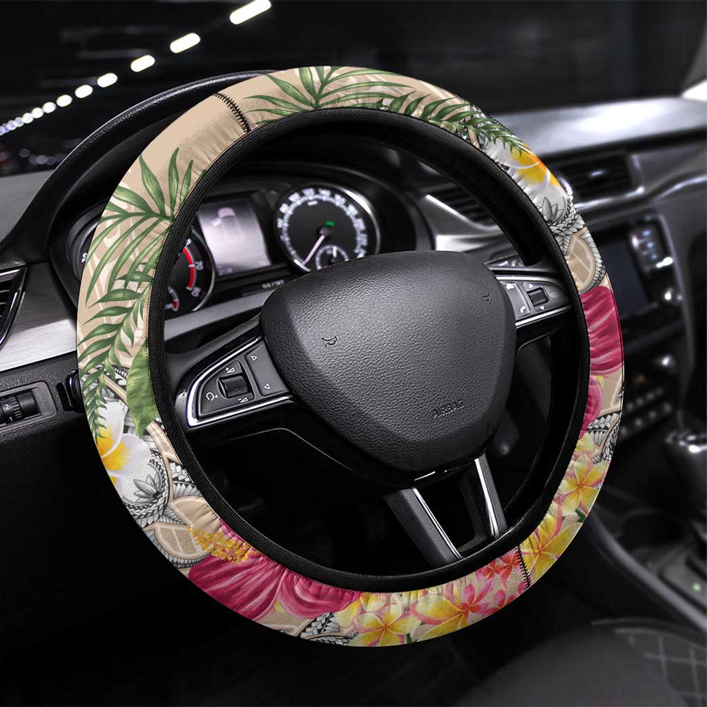 Hawaiian Tropical Flowers and Tribal Turtles Steering Wheel Cover Polynesian Art Motifs Beige Color LT03 Universal Fit Beige - Polynesian Pride