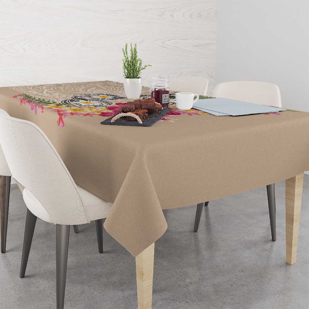Hawaiian Tropical Flowers and Tribal Turtles Tablecloth Polynesian Art Motifs Beige Color - Polynesian Pride