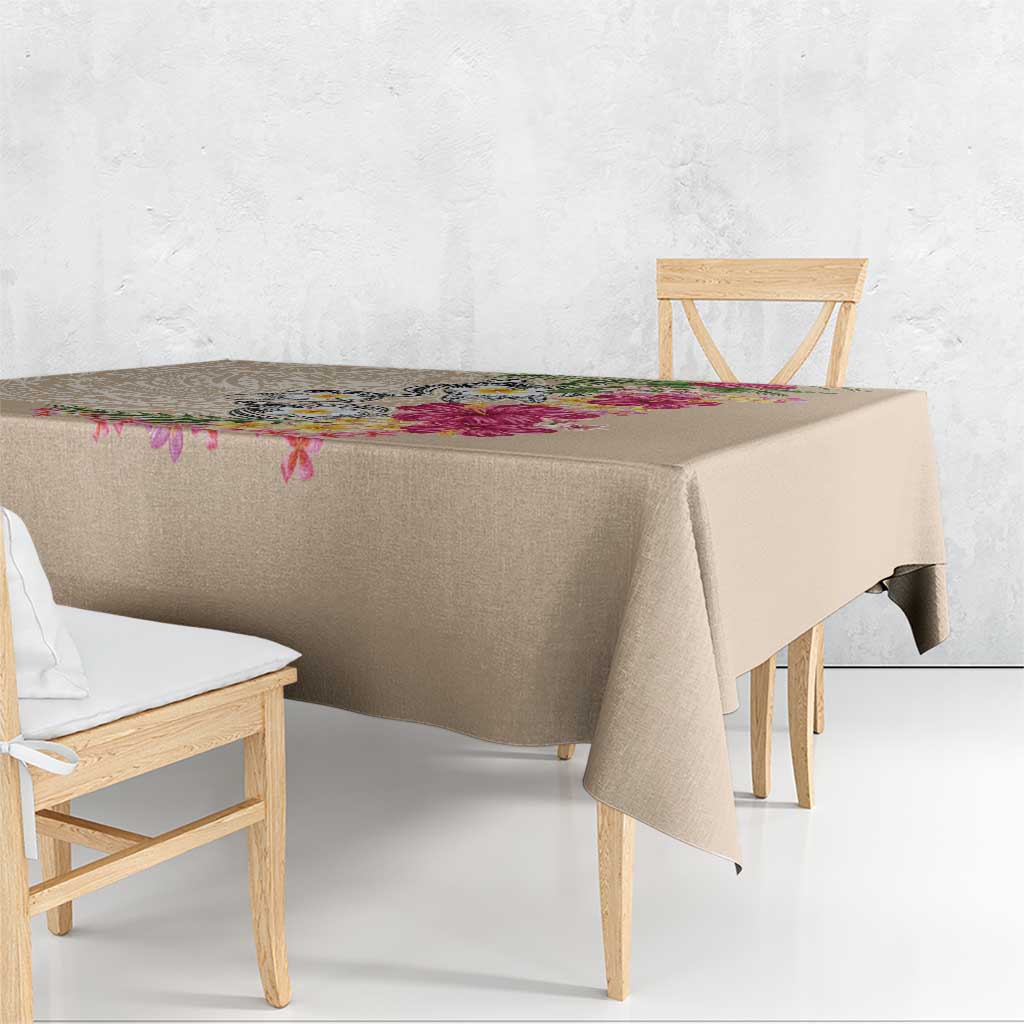 Hawaiian Tropical Flowers and Tribal Turtles Tablecloth Polynesian Art Motifs Beige Color - Polynesian Pride