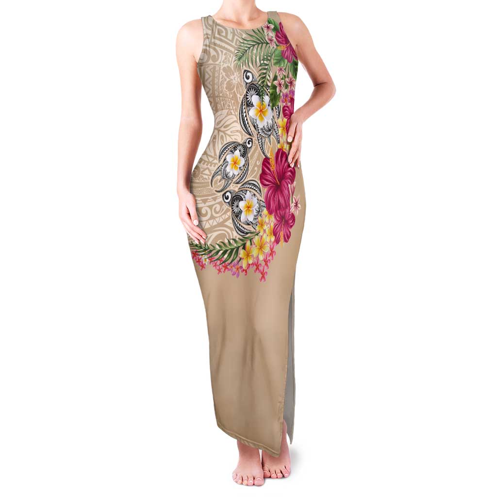Hawaiian Tropical Flowers and Tribal Turtles Tank Maxi Dress Polynesian Art Motifs Beige Color LT03 Women Beige - Polynesian Pride