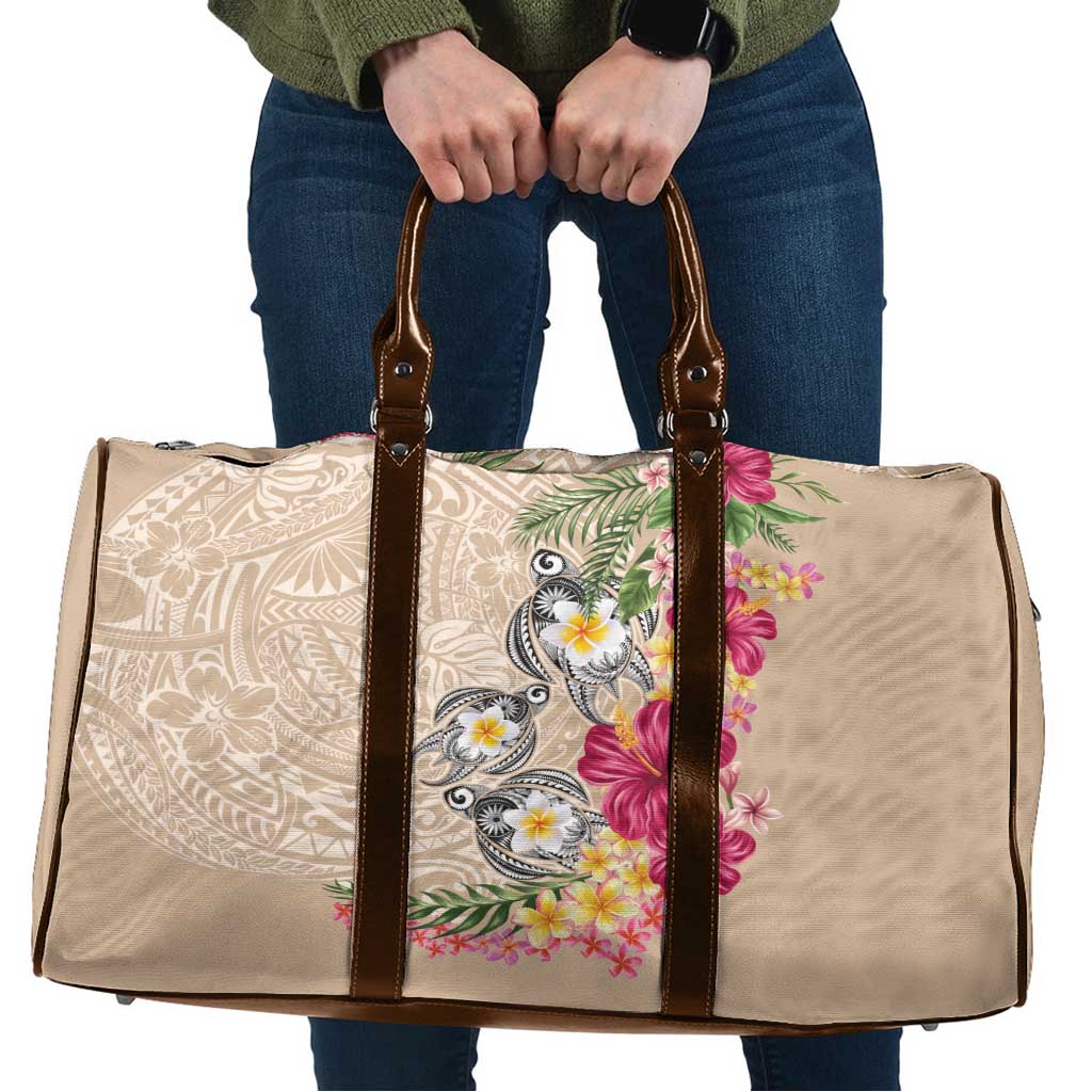 Hawaiian Tropical Flowers and Tribal Turtles Travel Bag Polynesian Art Motifs Beige Color LT03 Beige - Polynesian Pride