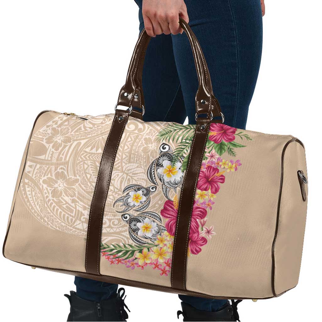 Hawaiian Tropical Flowers and Tribal Turtles Travel Bag Polynesian Art Motifs Beige Color LT03 - Polynesian Pride