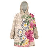 Hawaiian Tropical Flowers and Tribal Turtles Wearable Blanket Hoodie Polynesian Art Motifs Beige Color LT03 One Size Beige - Polynesian Pride