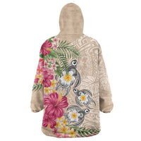 Hawaiian Tropical Flowers and Tribal Turtles Wearable Blanket Hoodie Polynesian Art Motifs Beige Color LT03 - Polynesian Pride