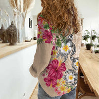 Hawaiian Tropical Flowers and Tribal Turtles Women Casual Shirt Polynesian Art Motifs Beige Color LT03 - Polynesian Pride