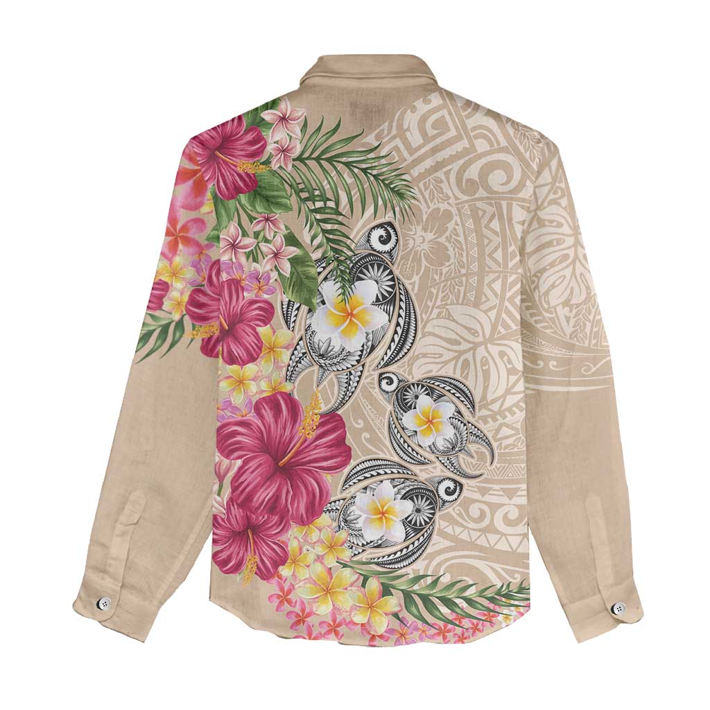 Hawaiian Tropical Flowers and Tribal Turtles Women Casual Shirt Polynesian Art Motifs Beige Color LT03 - Polynesian Pride