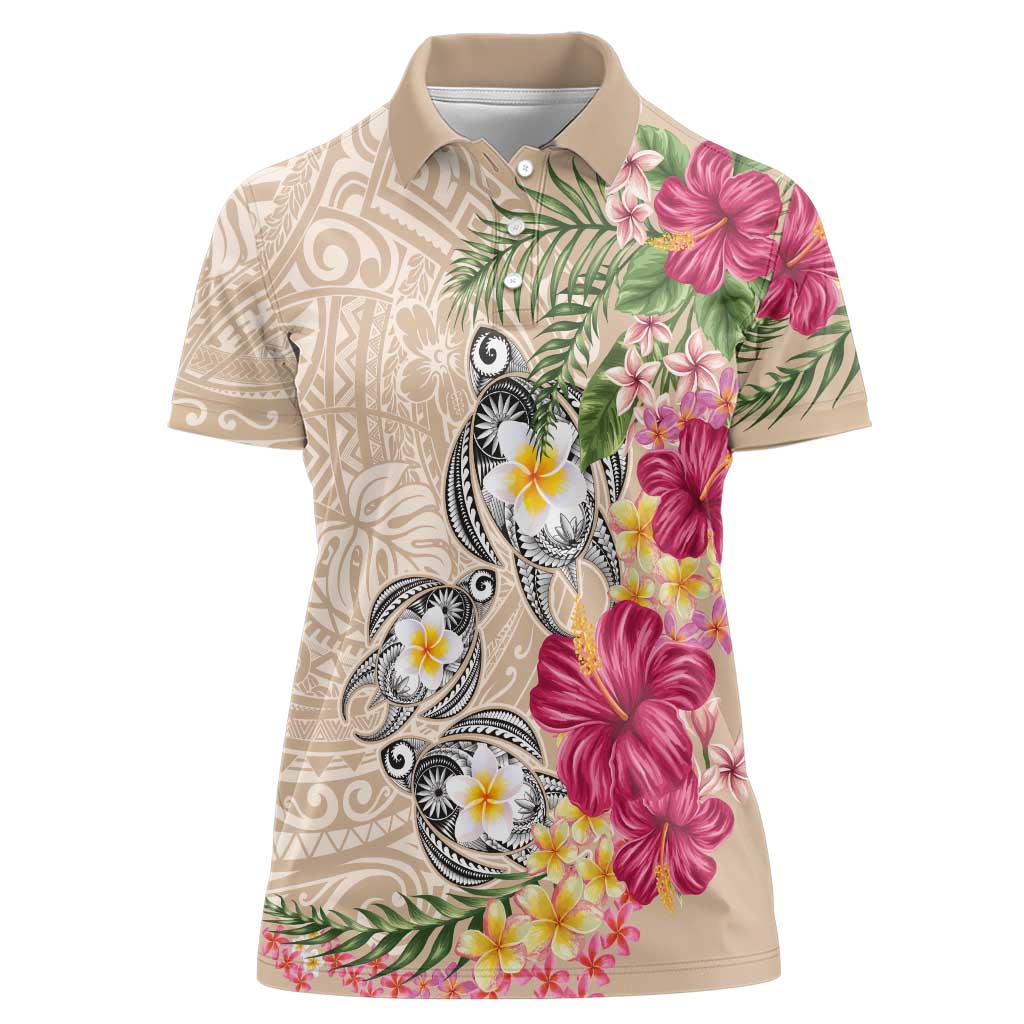 Hawaiian Tropical Flowers and Tribal Turtles Women Polo Shirt Polynesian Art Motifs Beige Color LT03 Female Beige - Polynesian Pride