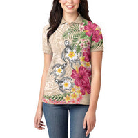 Hawaiian Tropical Flowers and Tribal Turtles Women Polo Shirt Polynesian Art Motifs Beige Color LT03 - Polynesian Pride